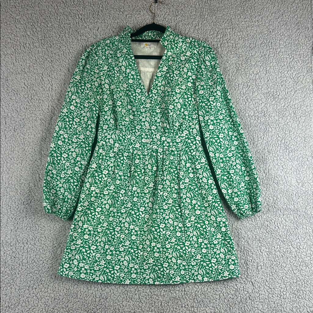 Boden Floral Pattern Long Sleeve V-Neck Green White Mini Dress Size 2r